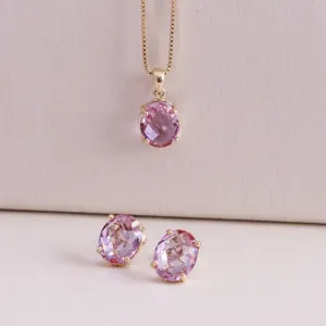 CONJUNTO OVAL CRISTAL LAVANDA BANHADO A OURO 18K AJUSTÁVEL 45CM