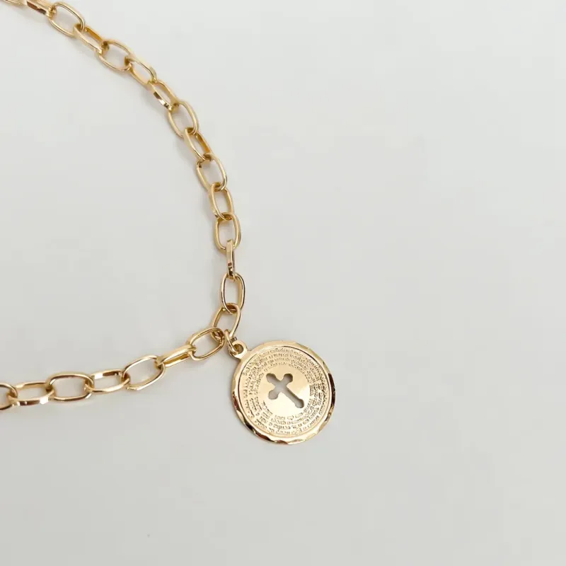 PULSEIRA COM PINGETE ORAÇÃO PAI NOSSO BANHADO A OURO 18K